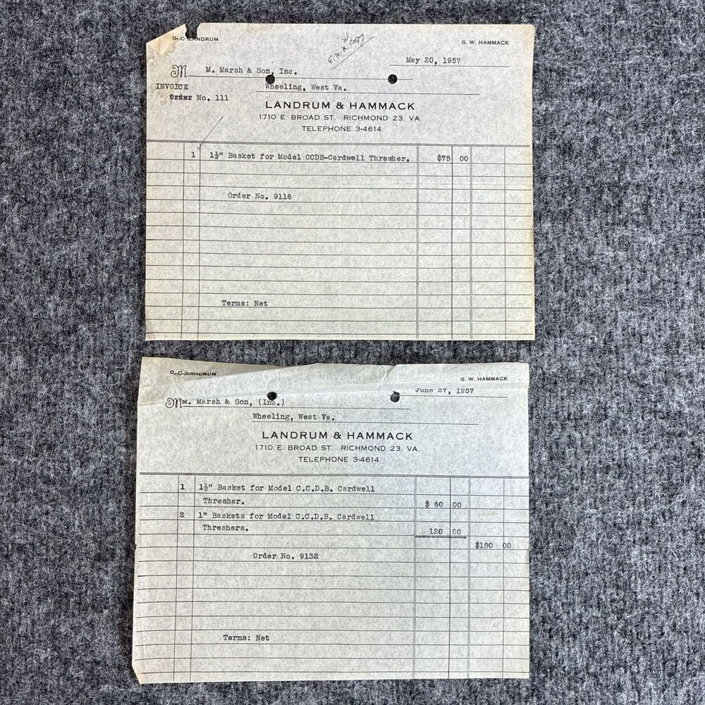 1957 Landrum & Hammack Invoices Cardwell Thresher Parts to M Marsh Cigar Co WV